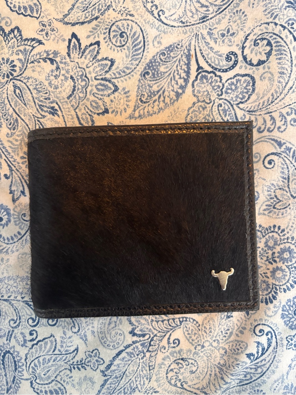 Men's Black Haircalf Bifold Wallet with Bull Emblem